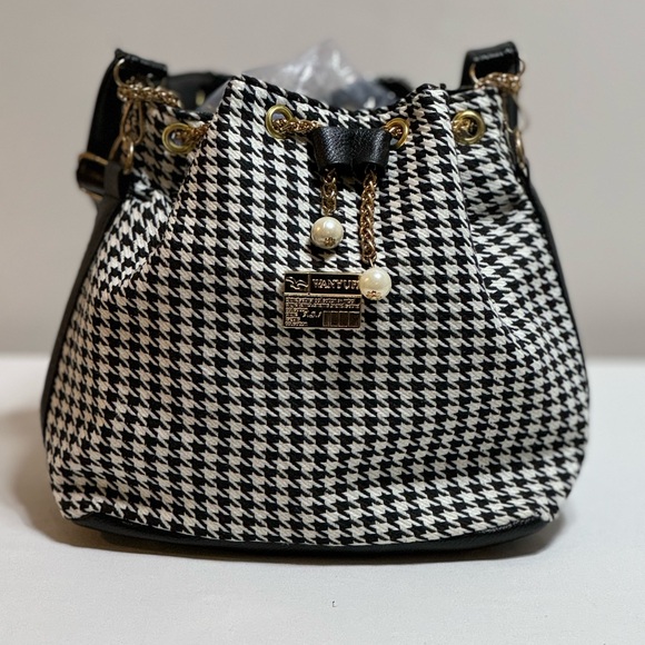 Wanyupj Houndstooth Tote Purse Whit Pearl Details Print Drawstring Tassel Bucket - Picture 1 of 9